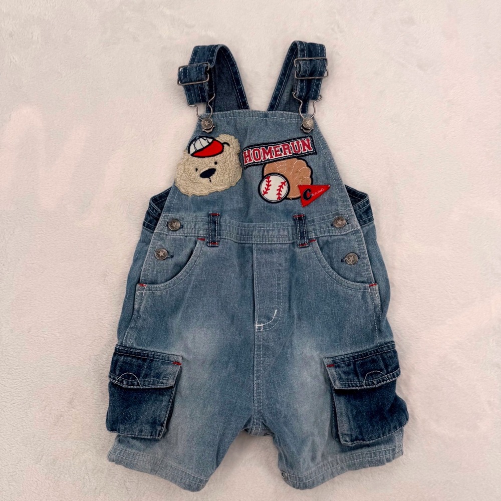 Baby Headquarters Cotton Denim Shortalls W/ Baseball Patches Sz 18M Vintage Y2K